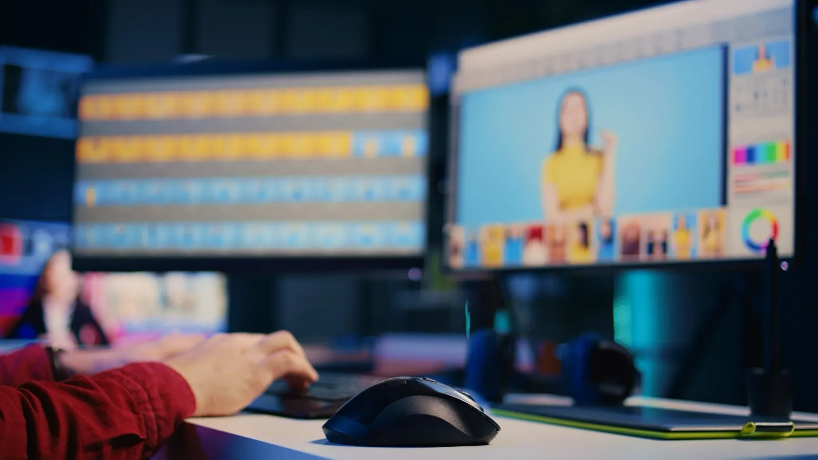 A desk with two screens, one a grid of photographs and one a portrait being retouched.