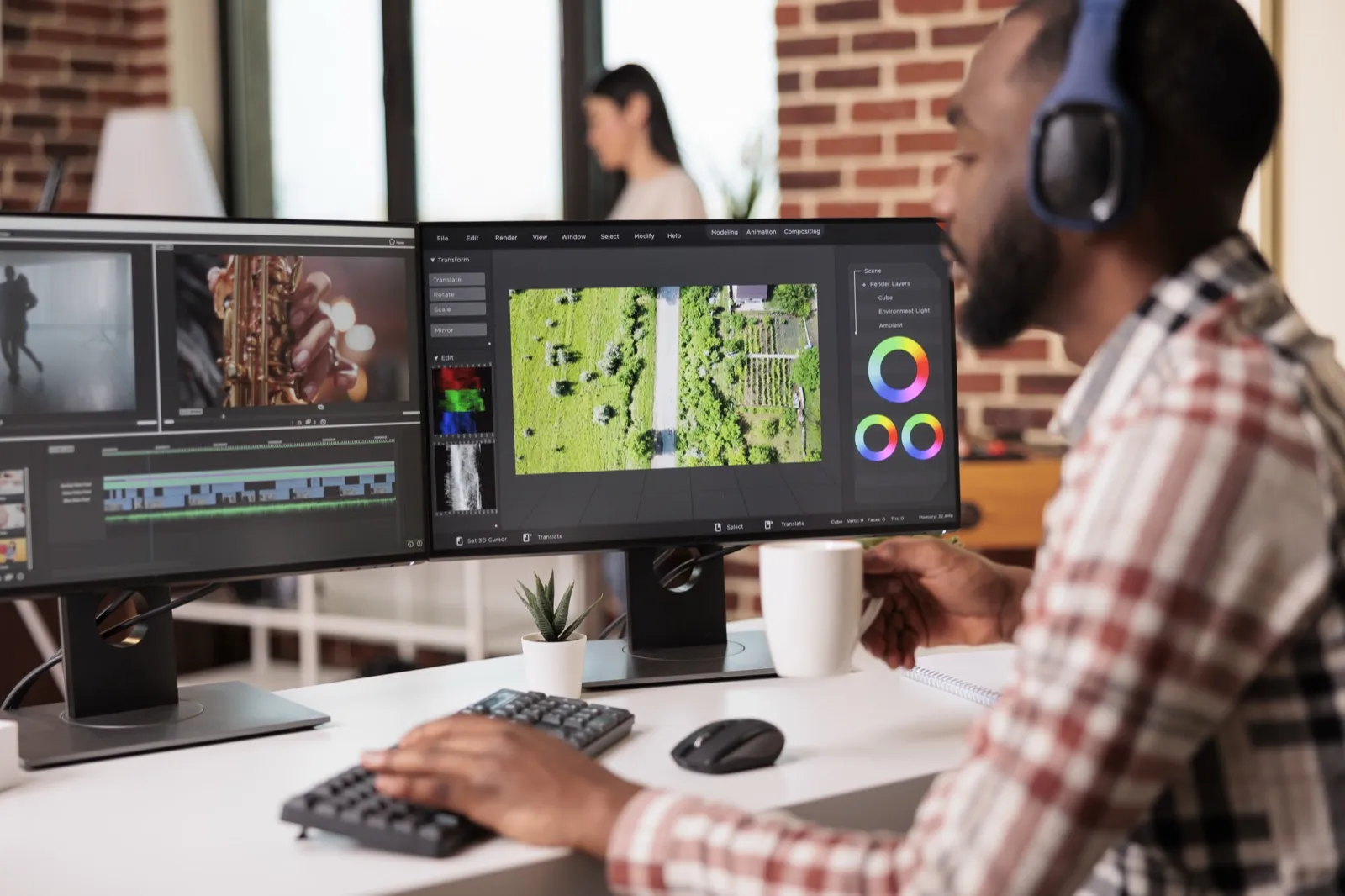 A man in headphones edits video on two screens, a timeline across the lower one.